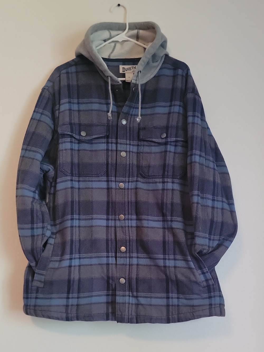 MENS XL Duluth Trading Co Navy/Dusty Blue/Gray Flannel Hooded Shirt Jacket